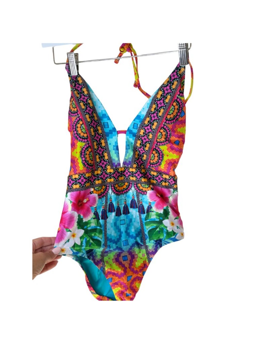 Nanette Lepore NWT One Piece Swimsuit Small Tropical Plunge Open Back Cutout